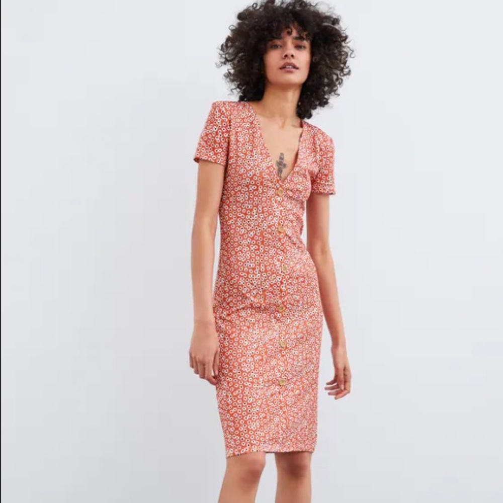 Zara Button Down Orange Daisy/ Floral Print Dress